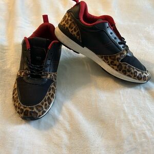 Aldo black and brown cheetah print lace up sneakers size 10 red accents